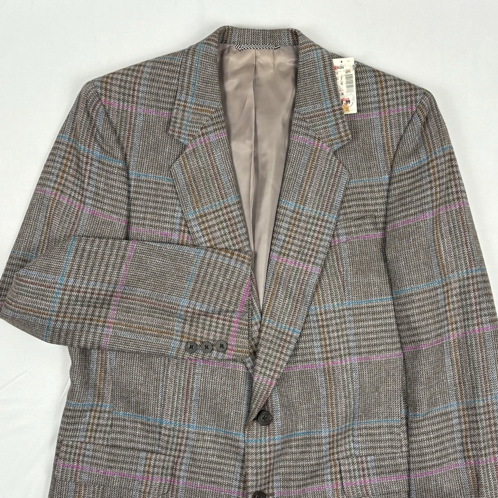 VTG Jaeger Lambswool/Silk/Linen Glen Plaid Sport Coat 42L Gray/Blue/Pink USA